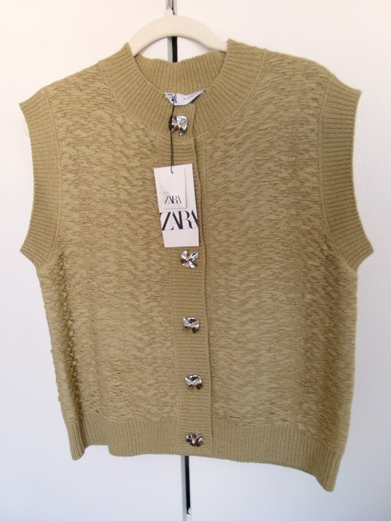 Zara Sweaters - Zara Olive-Green Sleeveless Knit Cardigan with Silver Buttons